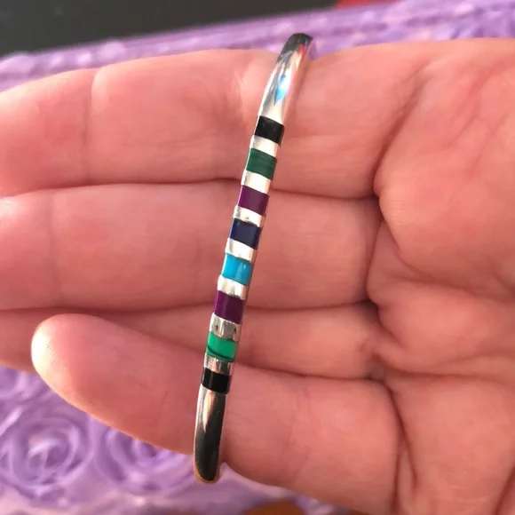 Sterling silver multicolor stone inlay bangle - Picture 6 of 6